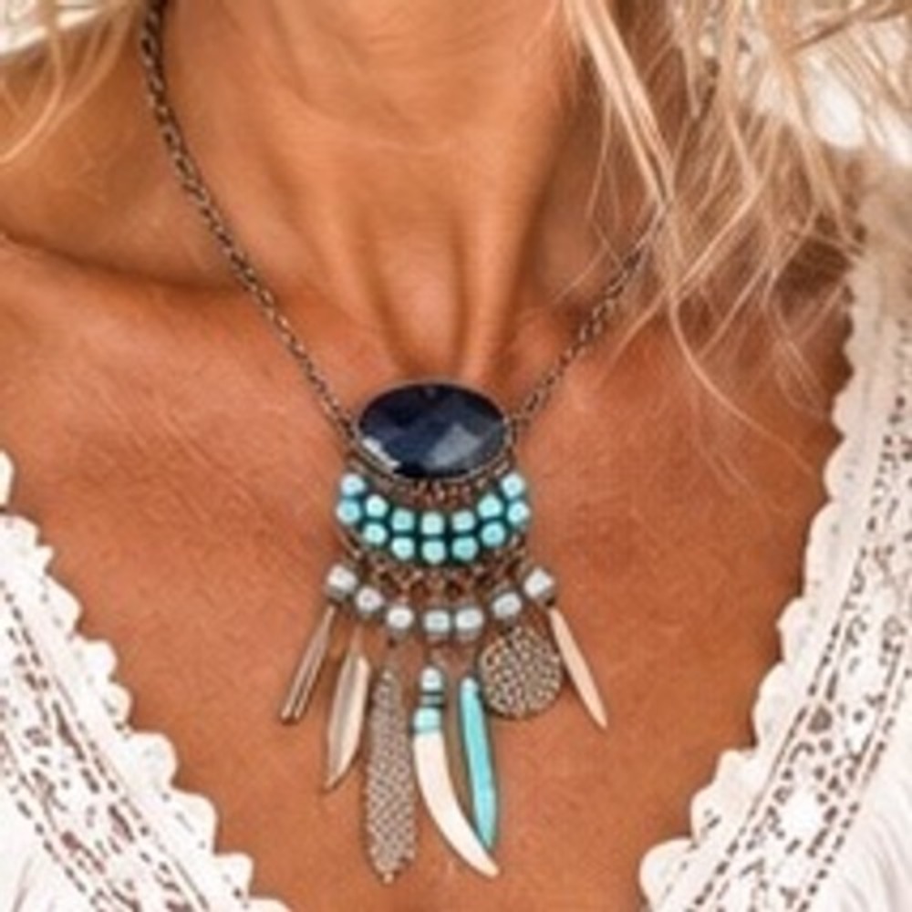 Boho Turquoise Beads Statement Necklace Bronze Feather Tassel Tribal Charm